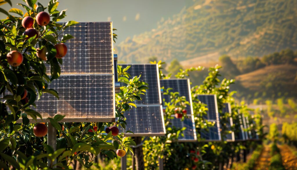Vibrant orchard scene with solar panels amidst fruit trees, showcasing the harmonious integration of renewable energy technology and agriculture in a picturesque, warm hued landscape.