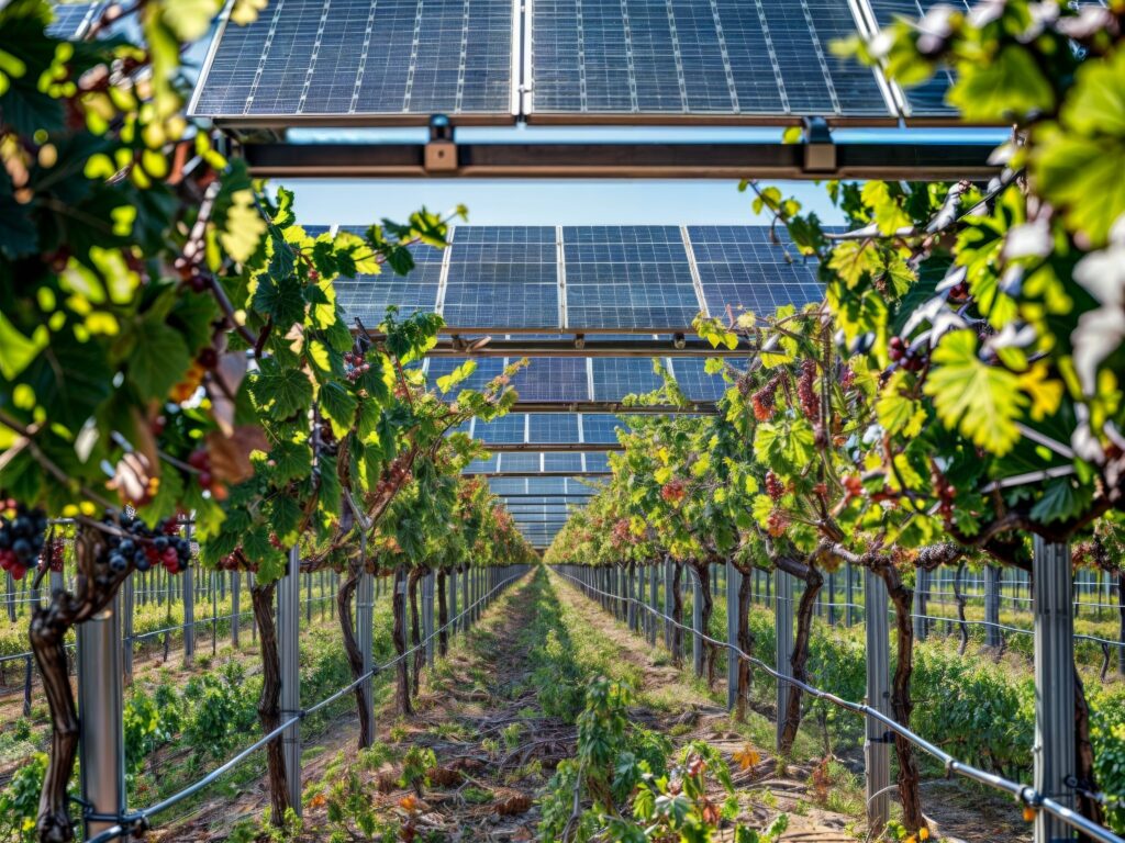Vineyard under solar panels showcasing innovative agrivoltaic system, combining agriculture with renewable energy production.